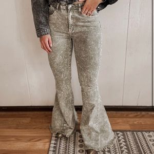 Distressed Olive Acid Wash Flare Jeans